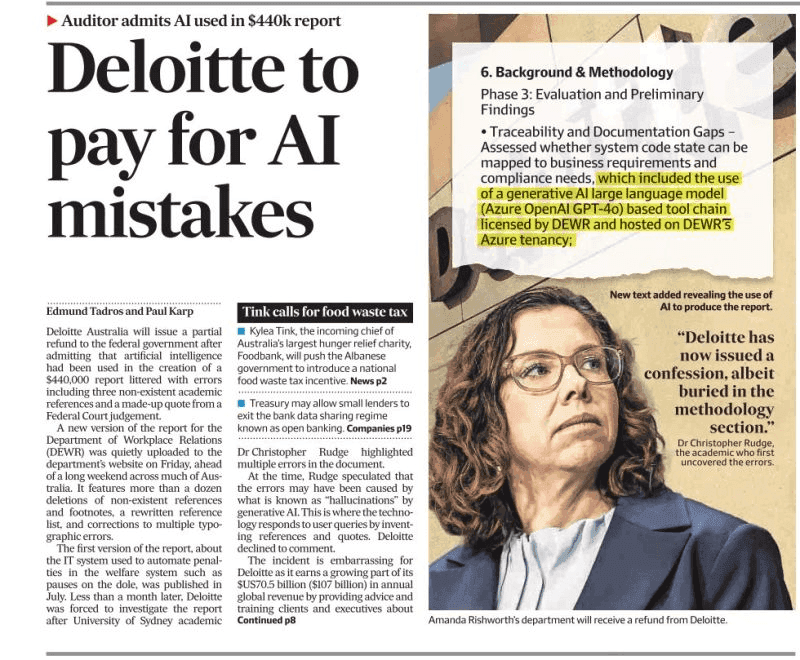 Deloitte AI report fiasco screenshot showing fabricated references, sources, and expert names in 237-page Australian government report that led to AU$439,000 refund